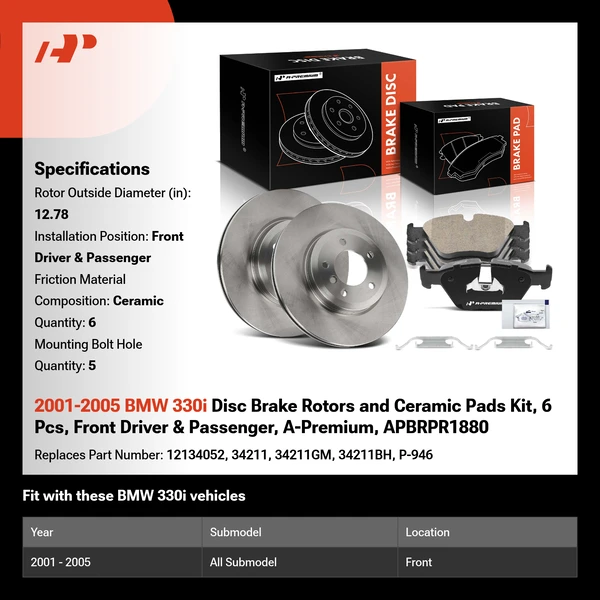2001-2005 BMW 330i Disc Brake Rotors and Ceramic Pads Kit, 6 Pcs, Front Driver & Passenger, A-Premium, APBRPR1880