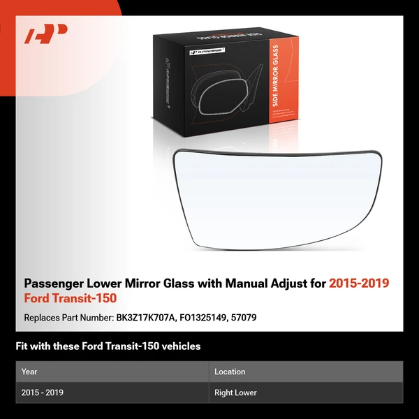 Passenger Lower Mirror Glass with Manual Adjust for 2015-2019 Ford Transit-150