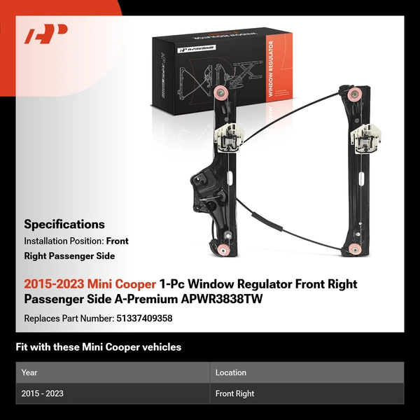 2015-2023 Mini Cooper 1-Pc Window Regulator Front Right Passenger Side A-Premium APWR3838TW