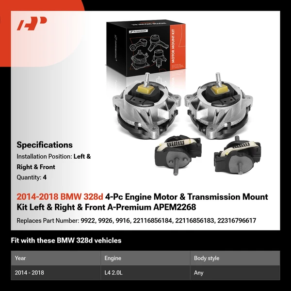 2014-2018 BMW 328d 4-Pc Engine Motor & Transmission Mount Kit Left & Right & Front A-Premium APEM2268