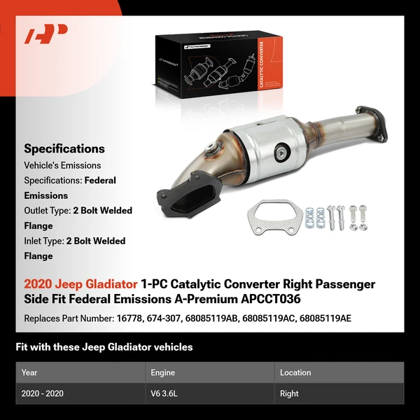 2020 Jeep Gladiator 1-PC Catalytic Converter Right Passenger Side Fit Federal Emissions A-Premium APCCT036