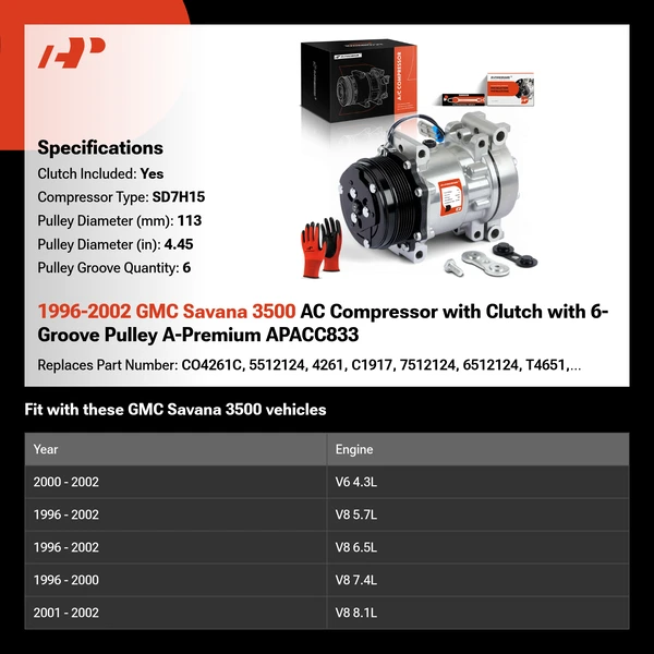 1996-2002 GMC Savana 3500 AC Compressor with Clutch with 6-Groove Pulley A-Premium APACC833
