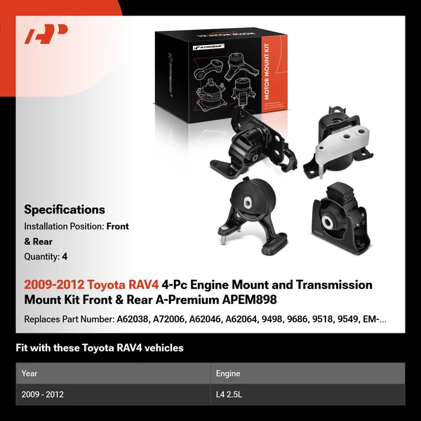 2009-2012 Toyota RAV4 4-Pc Engine Mount and Transmission Mount Kit Front & Rear A-Premium APEM898