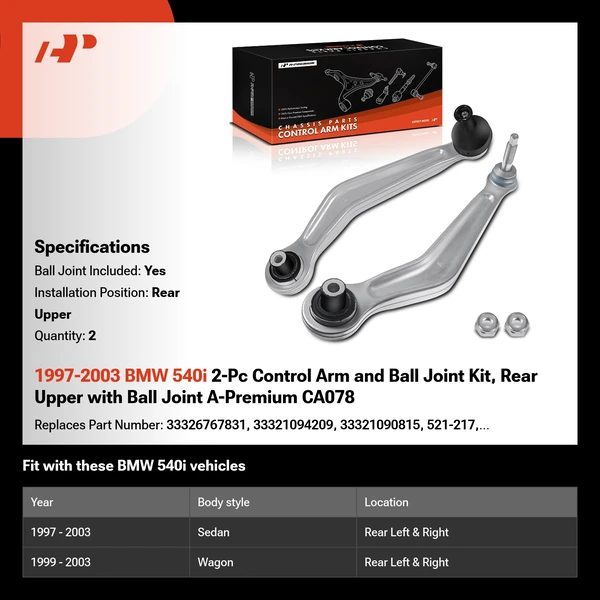 1997-2003 BMW 540i 2-Pc Control Arm and Ball Joint Kit, Rear Upper with Ball Joint A-Premium CA078
