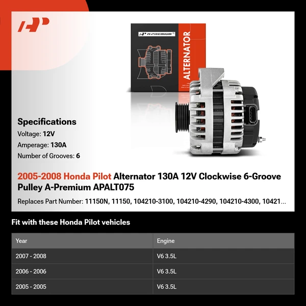 2005-2008 Honda Pilot Alternator 130A 12V Clockwise 6-Groove Pulley A-Premium APALT075