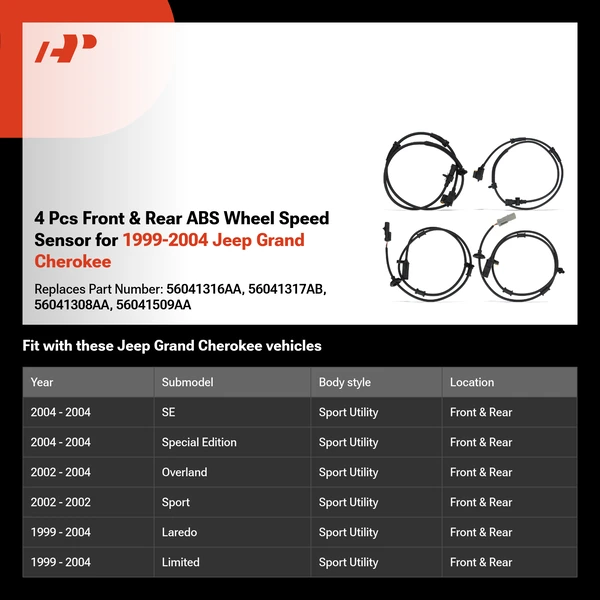 4 Pcs Front & Rear ABS Wheel Speed Sensor for 1999-2004 Jeep Grand Cherokee