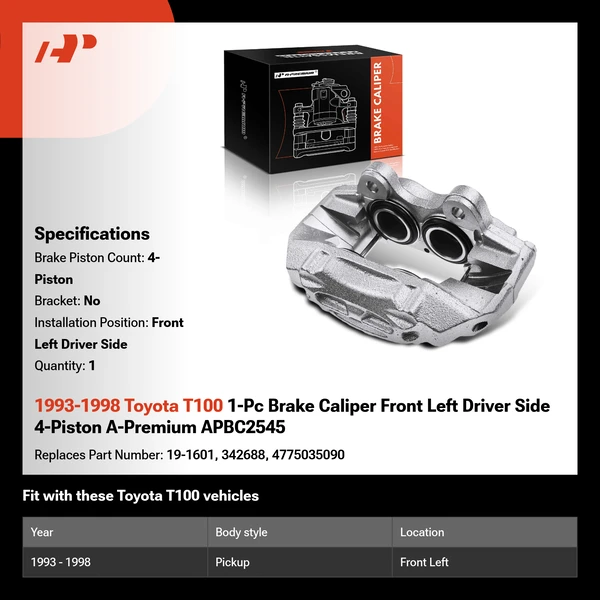 1993-1998 Toyota T100 1-Pc Brake Caliper Front Left Driver Side 4-Piston A-Premium APBC2545