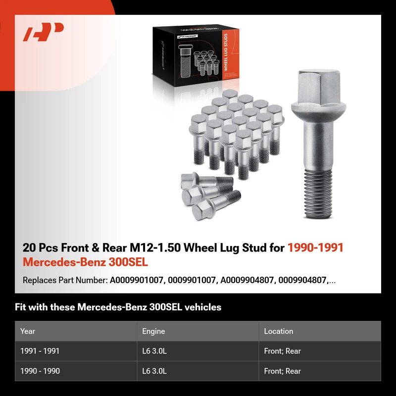 20 Pcs Front & Rear M12-1.50 Wheel Lug Stud for 1990-1991 Mercedes-Benz 300SEL