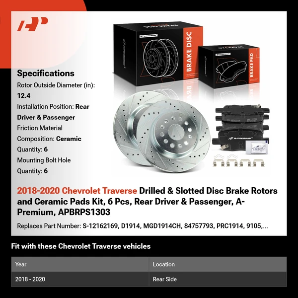 2018-2020 Chevrolet Traverse Drilled & Slotted Disc Brake Rotors and Ceramic Pads Kit, 6 Pcs, Rear Driver & Passenger, A-Premium, APBRPS1303