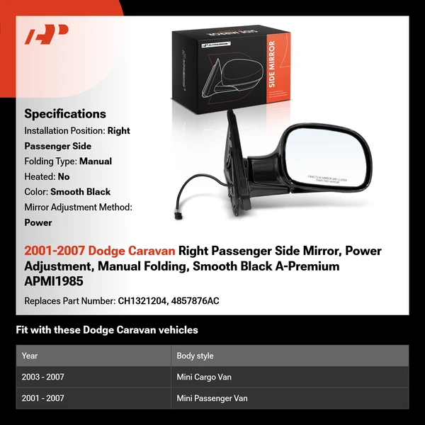 2001-2007 Dodge Caravan Right Passenger Side Mirror, Power Adjustment, Manual Folding, Smooth Black A-Premium APMI1985