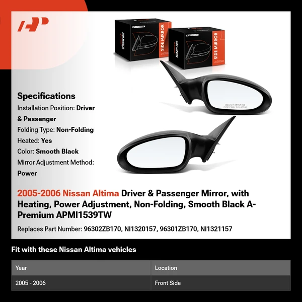 2005-2006 Nissan Altima Driver & Passenger Mirror, with Heating, Power Adjustment, Non-Folding, Smooth Black A-Premium APMI1539TW