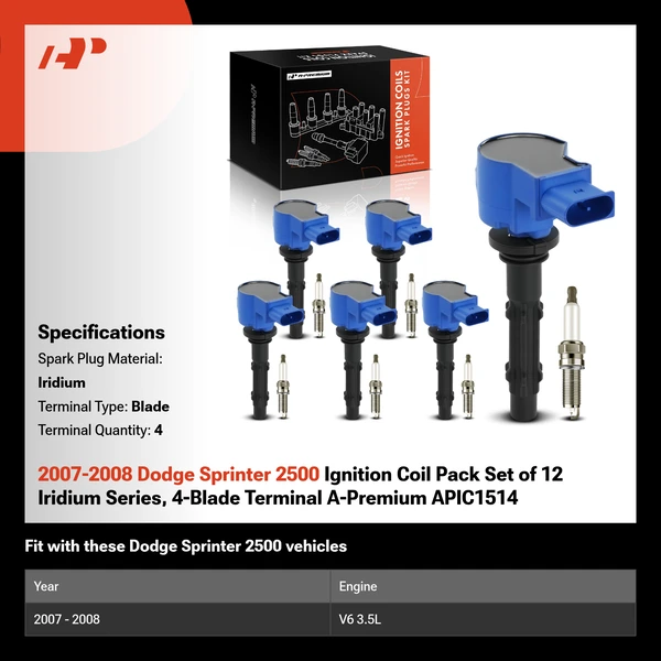 2007-2008 Dodge Sprinter 2500 Ignition Coil Pack Set of 12 Iridium Series, 4-Blade Terminal A-Premium APIC1514