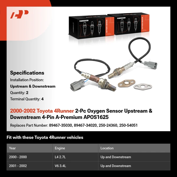 2000-2002 Toyota 4Runner 2-Pc Oxygen Sensor Upstream & Downstream 4-Pin A-Premium APOS1625
