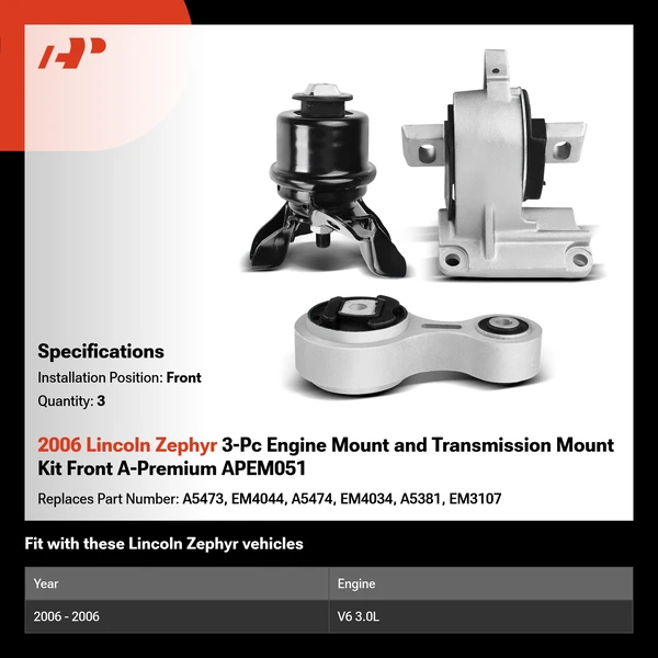 2006 Lincoln Zephyr 3-Pc Engine Mount and Transmission Mount Kit Front A-Premium APEM051