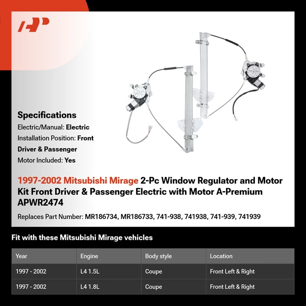 1997-2002 Mitsubishi Mirage 2-Pc Window Regulator and Motor Kit Front Driver & Passenger Electric with Motor A-Premium APWR2474