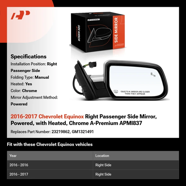 2016-2017 Chevrolet Equinox Right Passenger Side Mirror, Powered, with Heated, Chrome A-Premium APMI837