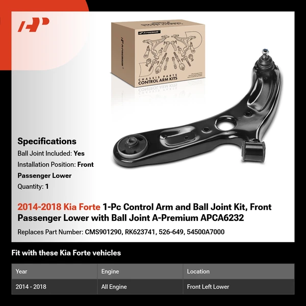 2014-2018 Kia Forte 1-Pc Control Arm and Ball Joint Kit, Front Passenger Lower with Ball Joint A-Premium APCA6232