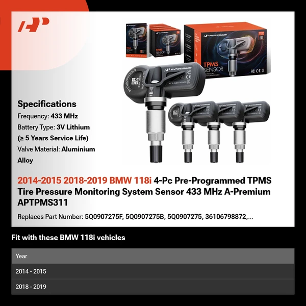 2014-2015 2018-2019 BMW 118i 4-Pc Pre-Programmed TPMS Tire Pressure Monitoring System Sensor 433 MHz A-Premium APTPMS311