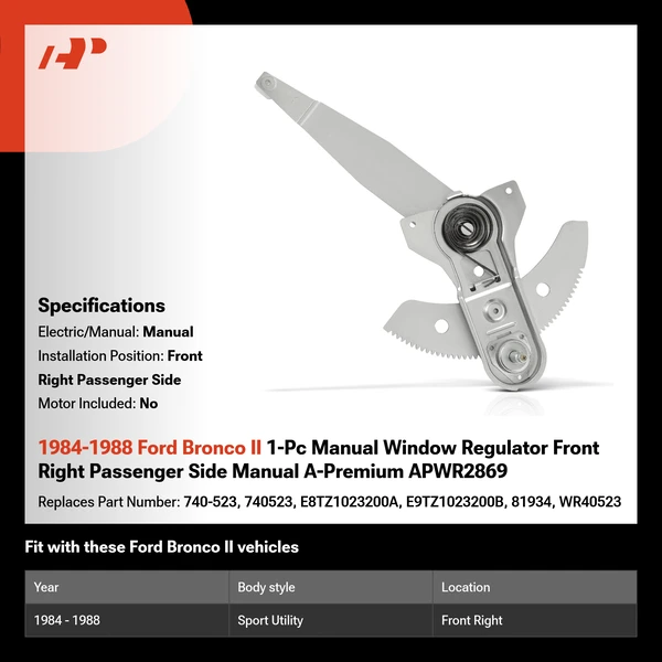 1984-1988 Ford Bronco II 1-Pc Manual Window Regulator Front Right Passenger Side Manual A-Premium APWR2869