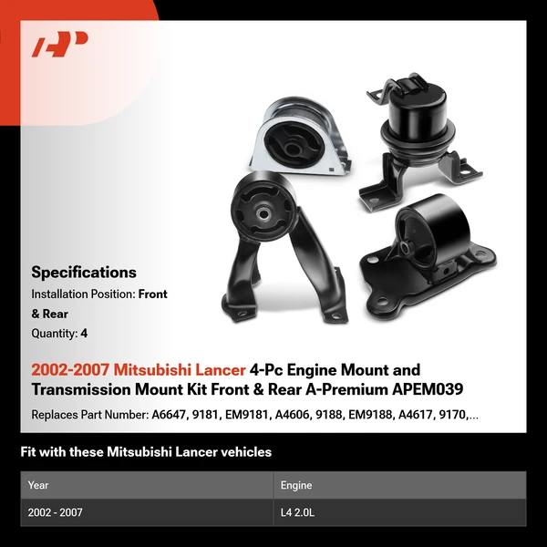 2002-2007 Mitsubishi Lancer 4-Pc Engine Mount and Transmission Mount Kit Front & Rear A-Premium APEM039