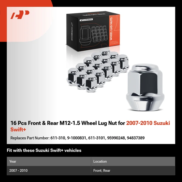 16 Pcs Front & Rear M12-1.5 Wheel Lug Nut for 2007-2010 Suzuki Swift+