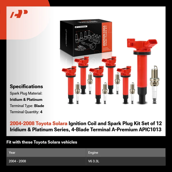 2004-2008 Toyota Solara Ignition Coil and Spark Plug Kit Set of 12 Iridium & Platinum Series, 4-Blade Terminal A-Premium APIC1013