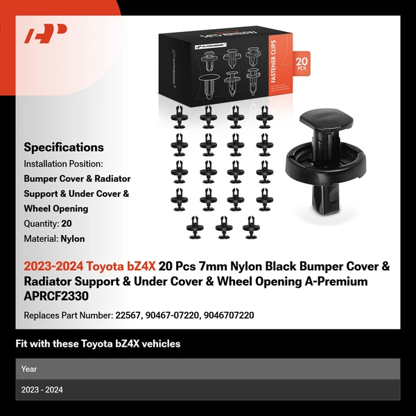 2023-2024 Toyota bZ4X 20 Pcs 7mm Nylon Black Bumper Cover & Radiator Support & Under Cover & Wheel Opening A-Premium APRCF2330