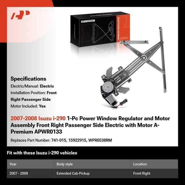 2007-2008 Isuzu i-290 1-Pc Power Window Regulator and Motor Assembly Front Right Passenger Side Electric with Motor A-Premium APWR0133
