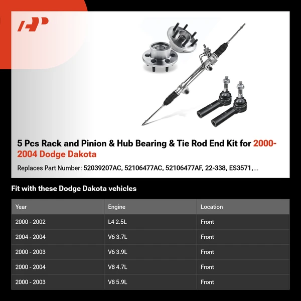 5 Pcs Rack and Pinion & Hub Bearing & Tie Rod End Kit for 2000-2004 Dodge Dakota