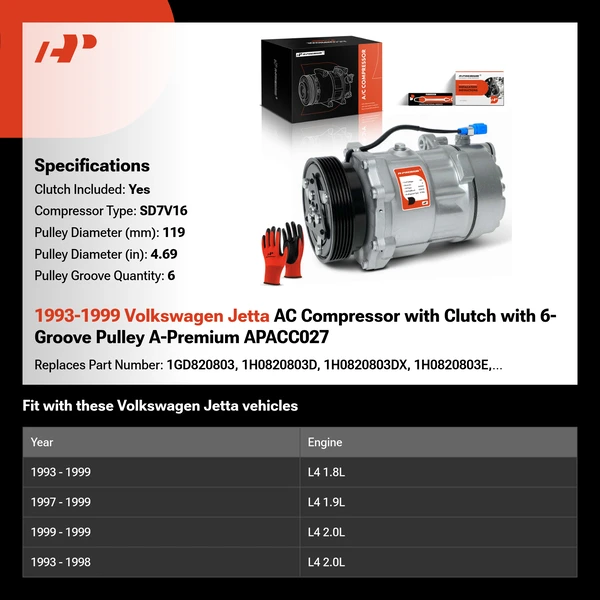 1993-1999 Volkswagen Jetta AC Compressor with Clutch with 6-Groove Pulley A-Premium APACC027