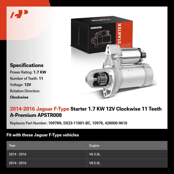 2014-2016 Jaguar F-Type Starter 1.7 KW 12V Clockwise 11 Teeth A-Premium APSTR008