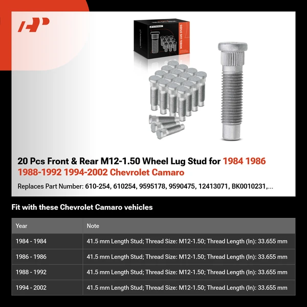 20 Pcs Front & Rear M12-1.50 Wheel Lug Stud for 1984 1986 1988-1992 1994-2002 Chevrolet Camaro