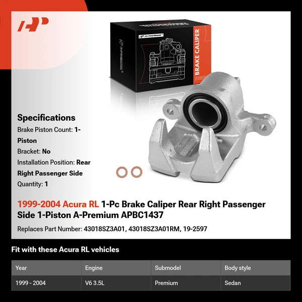 1999-2004 Acura RL 1-Pc Brake Caliper Rear Right Passenger Side 1-Piston A-Premium APBC1437
