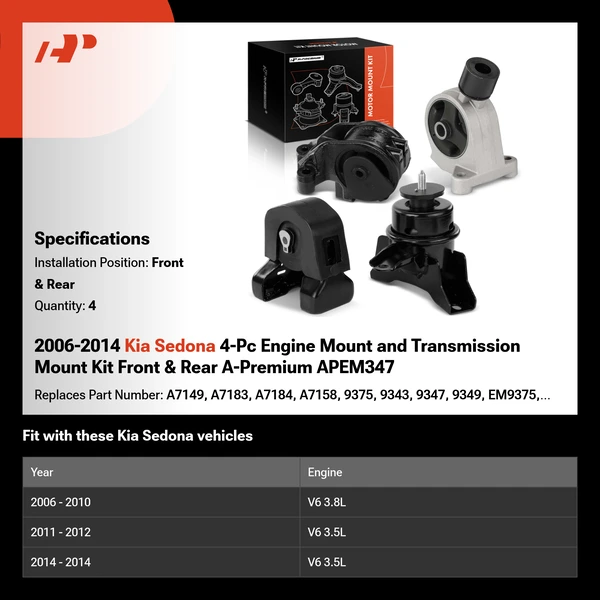 2006-2014 Kia Sedona 4-Pc Engine Mount and Transmission Mount Kit Front & Rear A-Premium APEM347