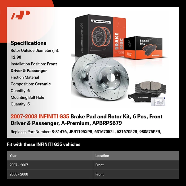 2007-2008 INFINITI G35 Brake Pad and Rotor Kit, 6 Pcs, Front Driver & Passenger, A-Premium, APBRPS679