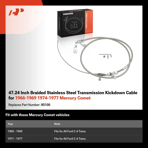 47.24 Inch Braided Stainless Steel Transmission Kickdown Cable for 1966-1969 1974-1977 Mercury Comet