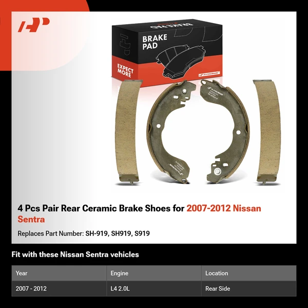 4 Pcs Pair Rear Ceramic Brake Shoes for 2007-2012 Nissan Sentra