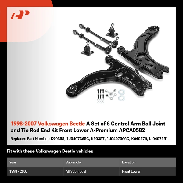1998-2007 Volkswagen Beetle A Set of 6 Control Arm Ball Joint and Tie Rod End Kit Front Lower A-Premium APCA0582