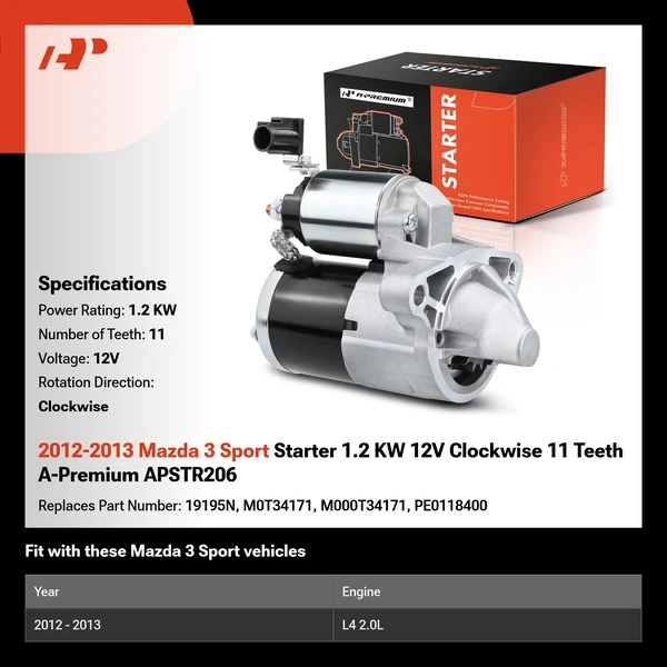 2012-2013 Mazda 3 Sport Starter 1.2 KW 12V Clockwise 11 Teeth A-Premium APSTR206