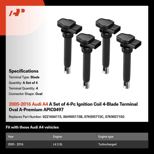 2005-2016 Audi A4 A Set of 4-Pc Ignition Coil 4-Blade Terminal Oval A-Premium APIC0497