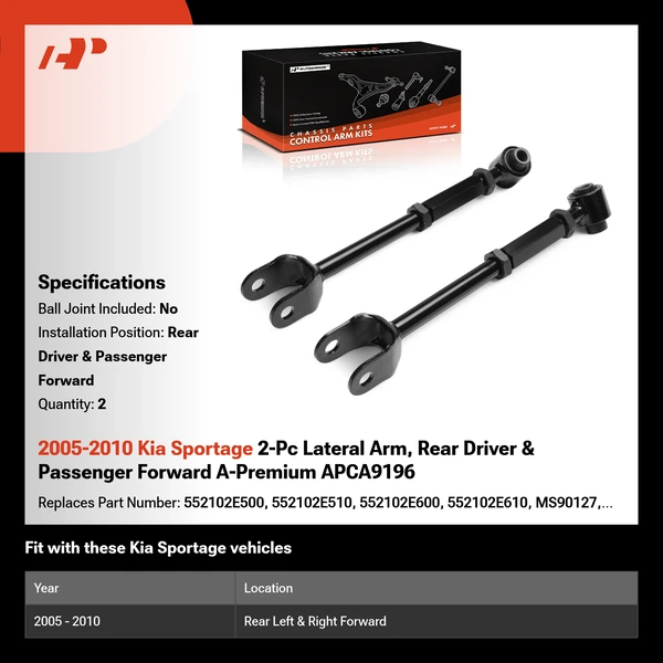 2005-2010 Kia Sportage 2-Pc Lateral Arm, Rear Driver & Passenger Forward A-Premium APCA9196