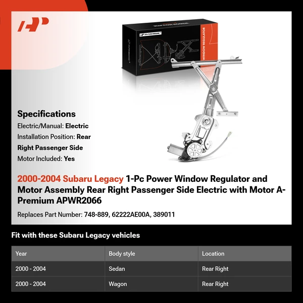 2000-2004 Subaru Legacy 1-Pc Power Window Regulator and Motor Assembly Rear Right Passenger Side Electric with Motor A-Premium APWR2066