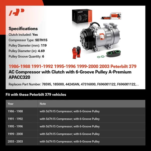 1986-1988 1991-1992 1995-1996 1999-2000 2003 Peterbilt 379 AC Compressor with Clutch with 6-Groove Pulley A-Premium APACC320