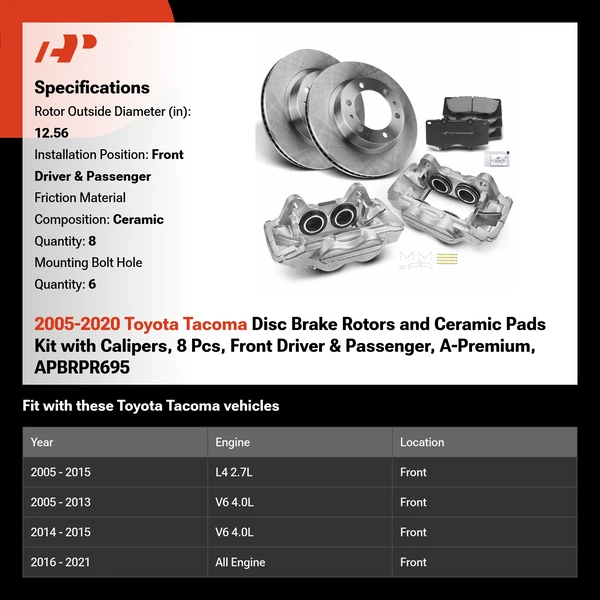 2005-2020 Toyota Tacoma Disc Brake Rotors and Ceramic Pads Kit with Calipers, 8 Pcs, Front Driver & Passenger, A-Premium, APBRPR695