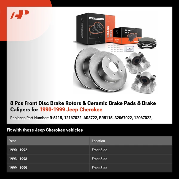 8 Pcs Front Disc Brake Rotors & Ceramic Brake Pads & Brake Calipers for 1990-1999 Jeep Cherokee