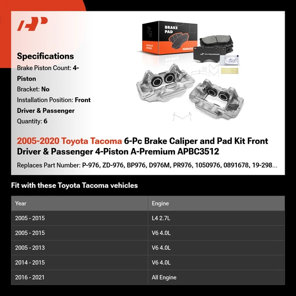 2005-2020 Toyota Tacoma 6-Pc Brake Caliper and Pad Kit Front Driver & Passenger 4-Piston A-Premium APBC3512