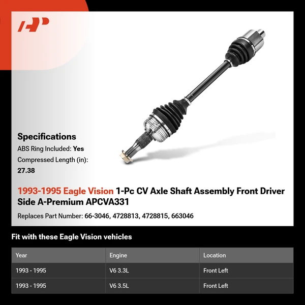 1993-1995 Eagle Vision 1-Pc CV Axle Shaft Assembly Front Driver Side A-Premium APCVA331