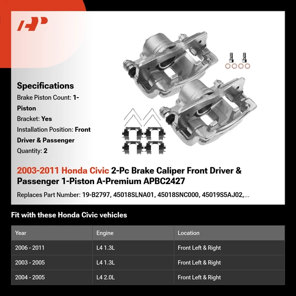 2003-2011 Honda Civic 2-Pc Brake Caliper Front Driver & Passenger 1-Piston A-Premium APBC2427