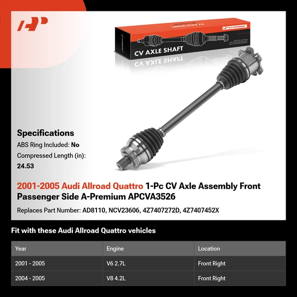 2001-2005 Audi Allroad Quattro 1-Pc CV Axle Assembly Front Passenger Side A-Premium APCVA3526