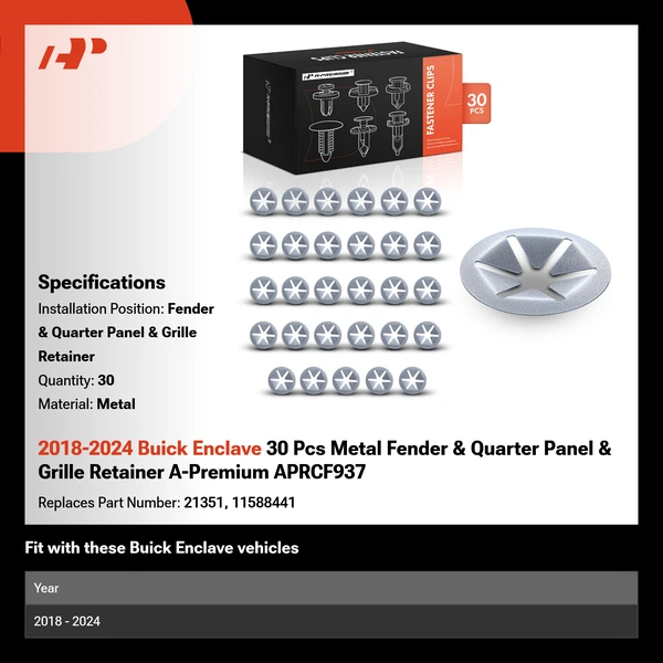2018-2024 Buick Enclave 30 Pcs Metal Fender & Quarter Panel & Grille Retainer A-Premium APRCF937